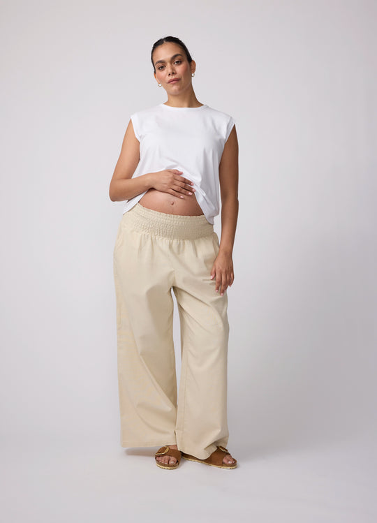 Smocked Wide Leg Linen Maternity Pant
