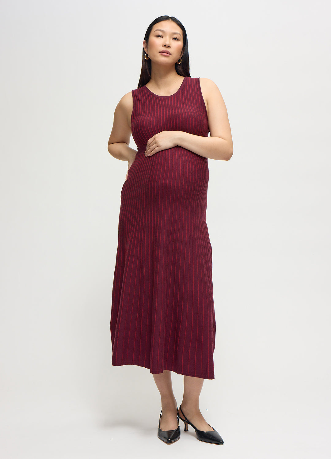 Ingrid + Isabel Maternity Seamless Striped Midi Sweater Dress Fig Size L