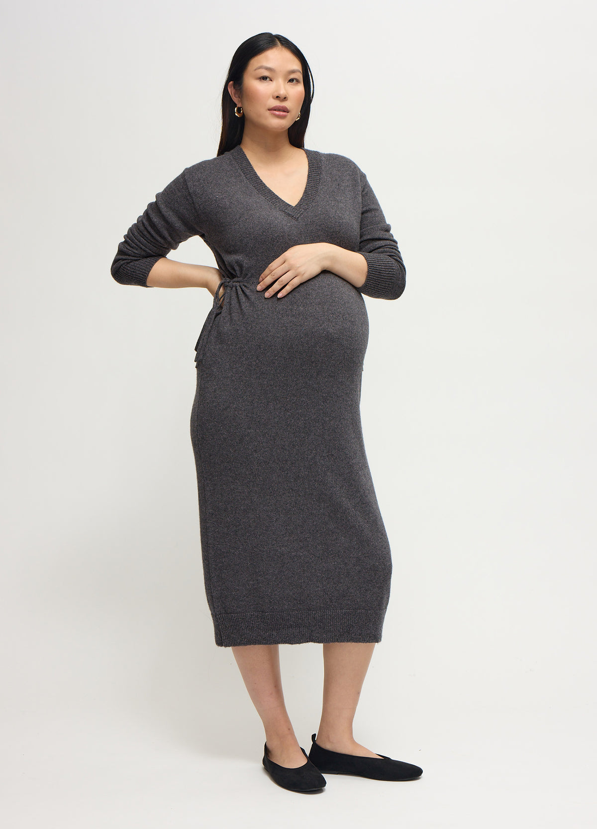 sweater maternity dress Ingrid & Isabel V Neck - Dark Gray collection_swatch-WV1018L Dappled Sequin Draped Off-Shoulder 36 long.83% Rayon 13% Color:B Flower dress