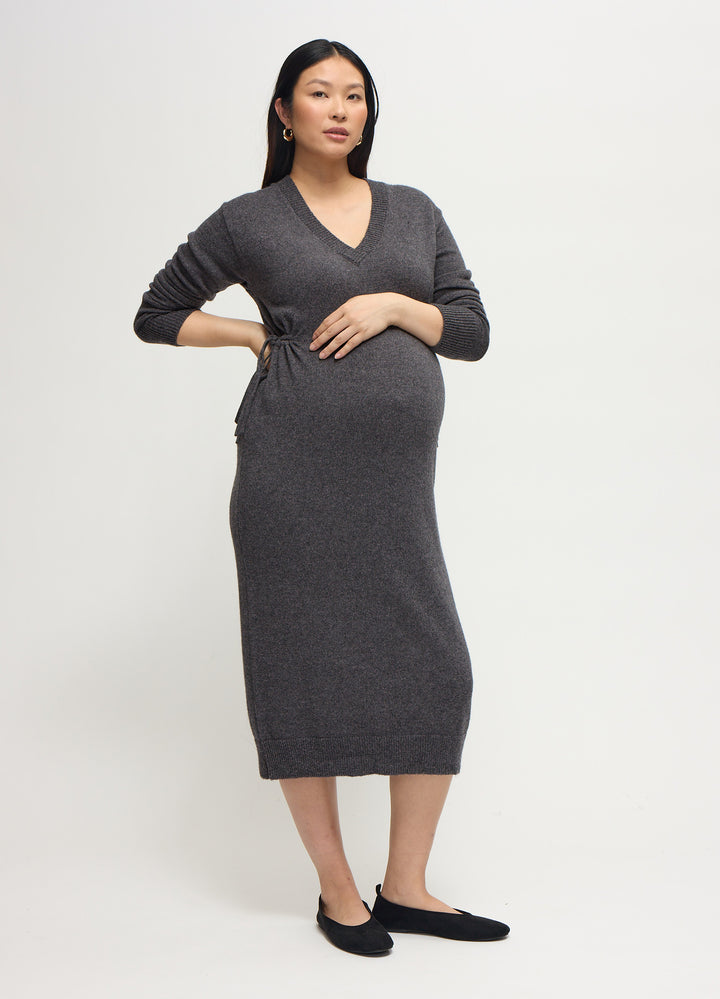 The Soft V-Neck Side Tie Sweater Grey Midi Maternity Dress