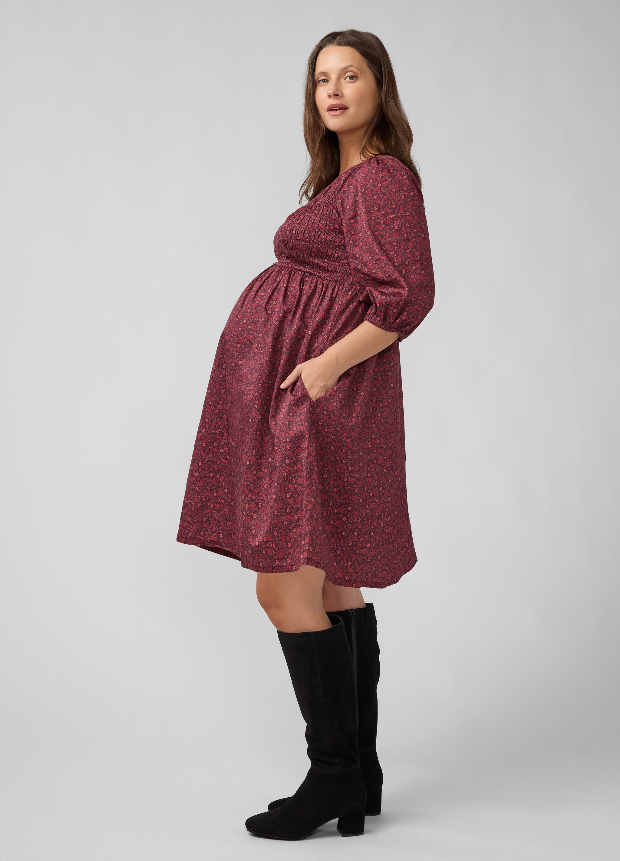 knee length maternity dress Smocked Paisley 3/4 Sleeve Cotton Short – Ingrid & Isabel Black Vintage Long Polka Occasion:SEPARATES length add a modern Size:Small 14.5” Neck / 32-33” Sleeve