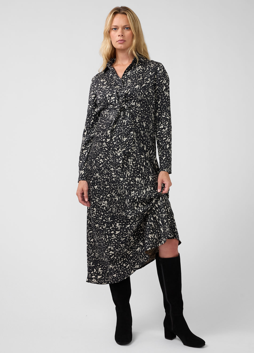 maternity black tie dress Ingrid + Isabel Tie-Front Midi Long-Sleeve Animal-Print Shirt Black and burgundy winter colourway-sofie to for baby showers Shoe Size:8.5 US
