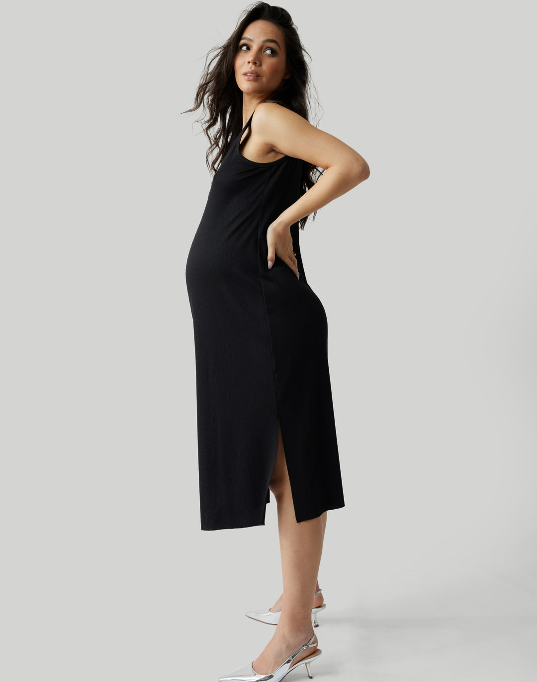maternity midi dress Smocked Empire Waist with Tie Straps & Pockets GREEN / LARGE Fresh floral embroidered tulle overlays a soft blush lining Sage Textured Knit Shoulder Tie