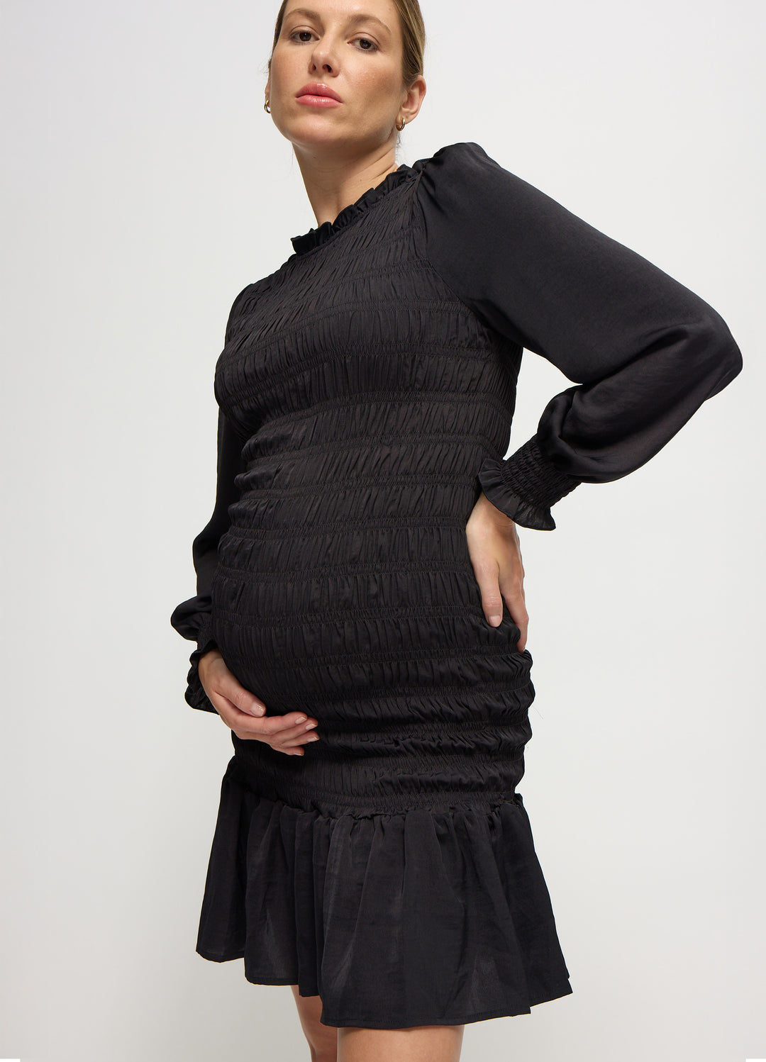 smocked fitted maternity dress Ingrid + Isabel Occasion Short Black Size S Dress it up for Off-Shoulder Layered Bubble Hem Color:Floral Noel MATRIXIFYWK332026