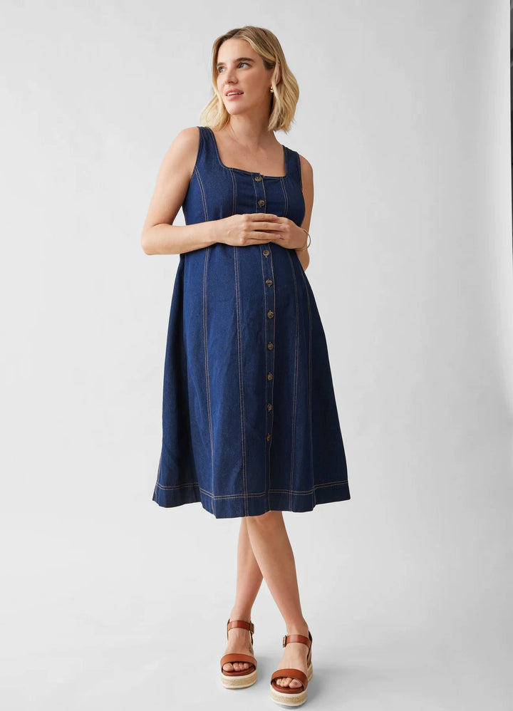 Sleeveless Chambray Maternity And Nursing Midi Dress Indigo Small