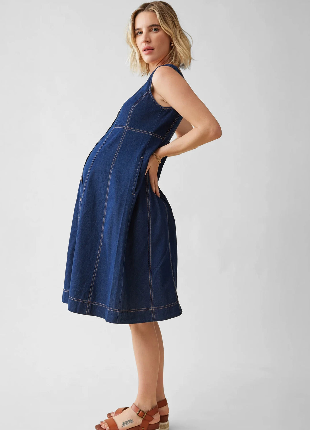 Sleeveless Chambray Maternity And Nursing Midi Dress Indigo Small