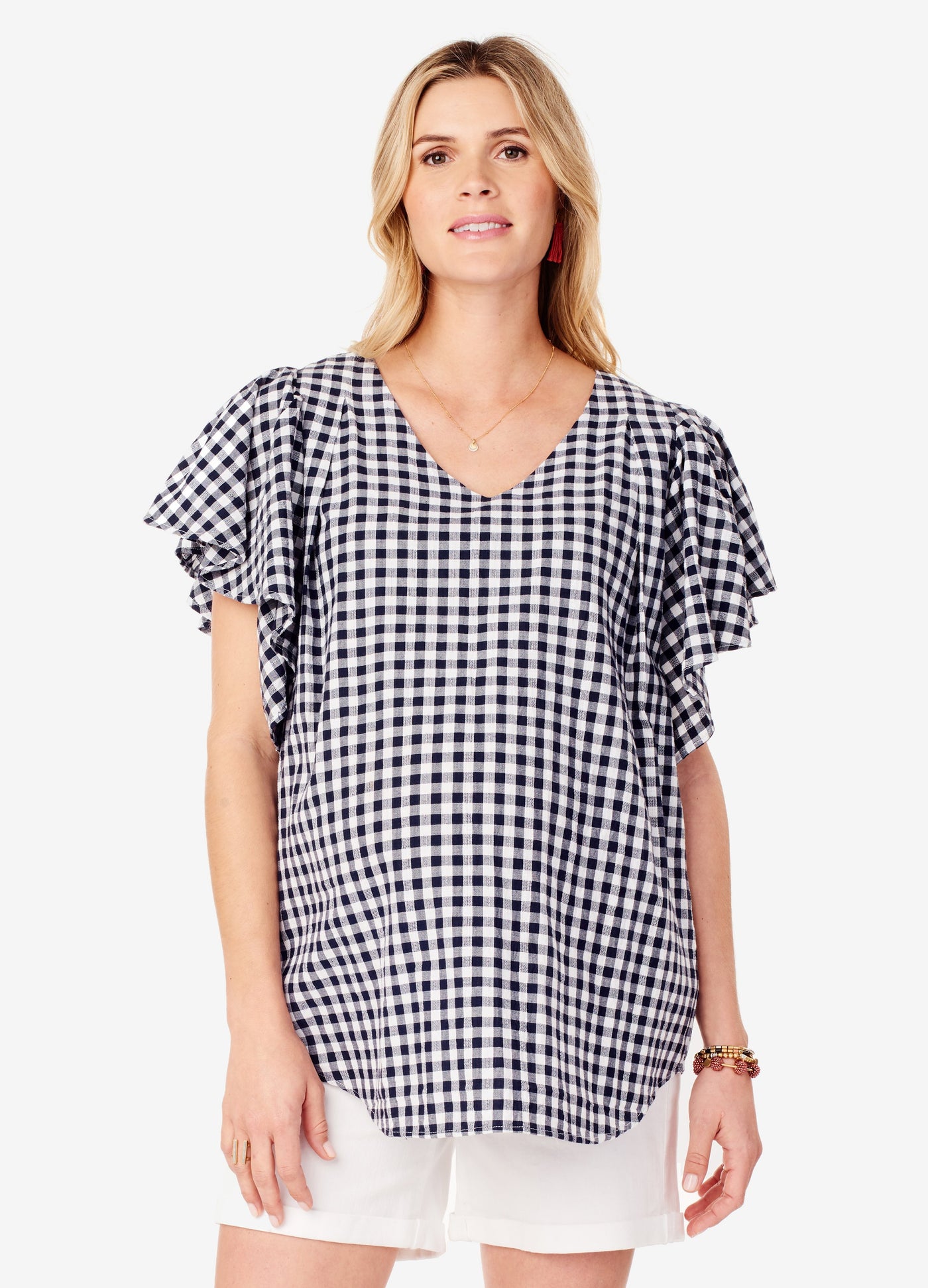 Model is 5'9", 7 1/2 months pregnant and wears size S.||true navy/buffalo plaid