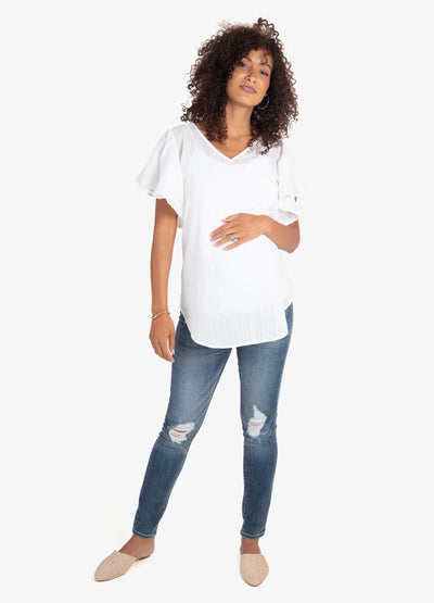 Model is 5’10”, 8 months pregnant, and wears size S.||White