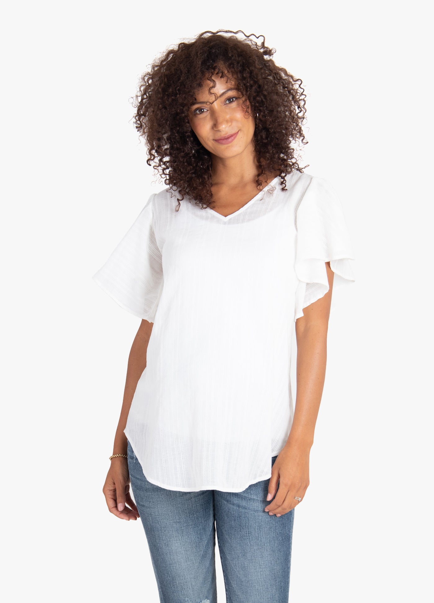 Model is 5’10”, 8 months pregnant, and wears size S.||White
