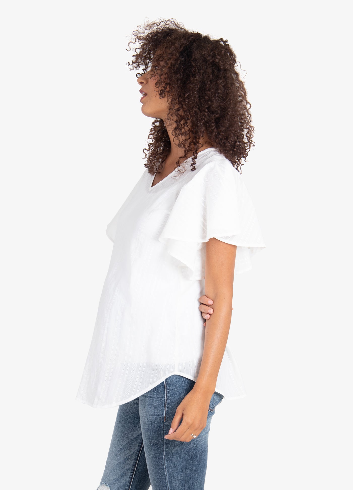 Model is 5’10”, 8 months pregnant, and wears size S.||White