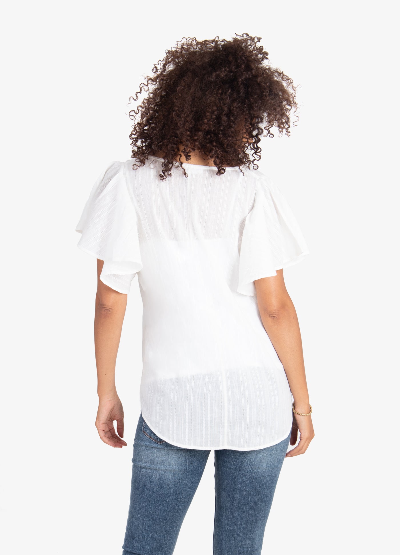 Model is 5’10”, 8 months pregnant, and wears size S.||White