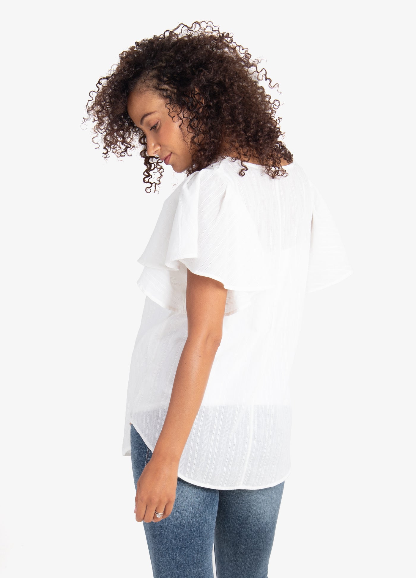 Model is 5’10”, 8 months pregnant, and wears size S.||White