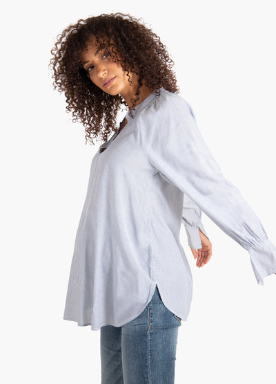 Model is 5’10”, 8 months pregnant, and wearing size small||Blue Pinstripe