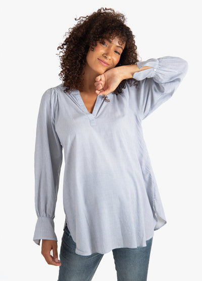 Model is 5’10”, 8 months pregnant, and wearing size small||Blue Pinstripe::hover