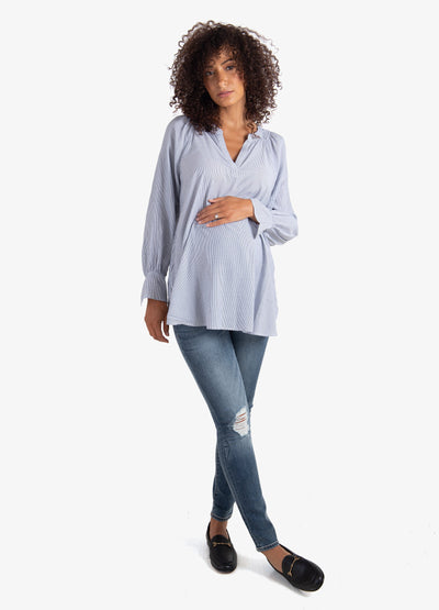 Model is 5’10”, 8 months pregnant, and wearing size small||Blue Pinstripe