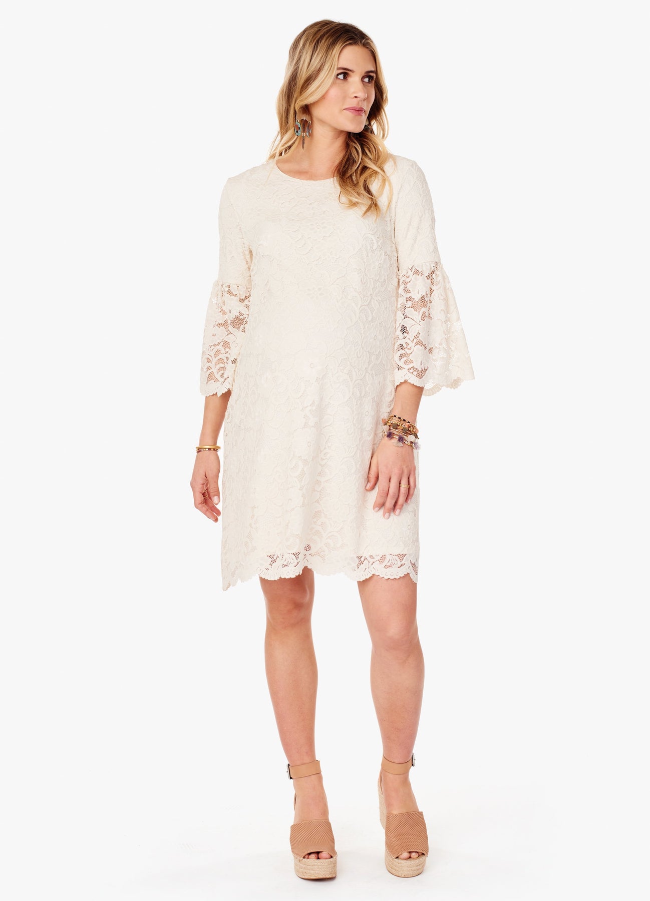 Ivory lace bell sleeve trapeze dress clearance