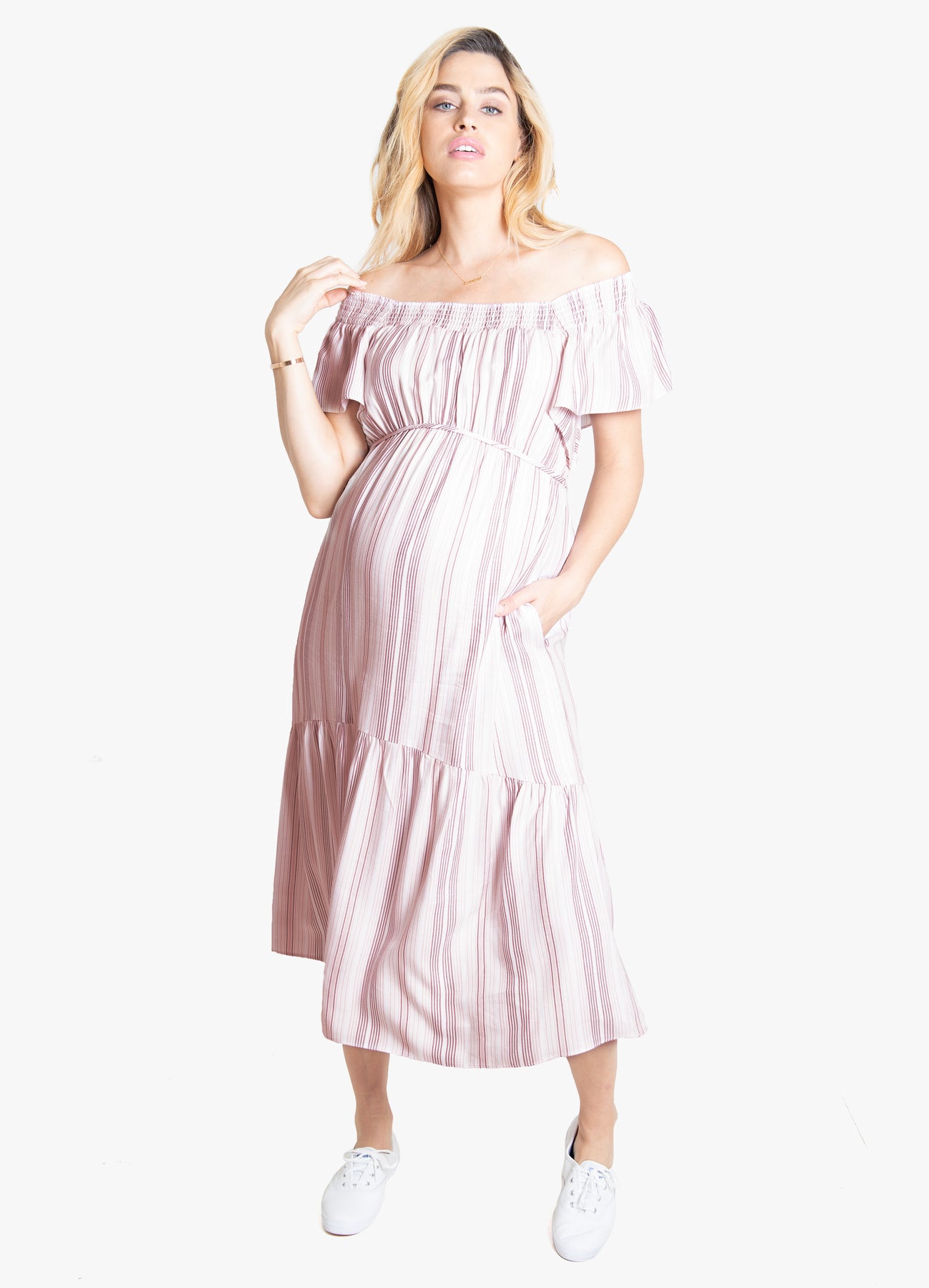 Pink & Blue Striped Flutter Sleeve Maternity Dress - Midi – Ingrid+Isabel