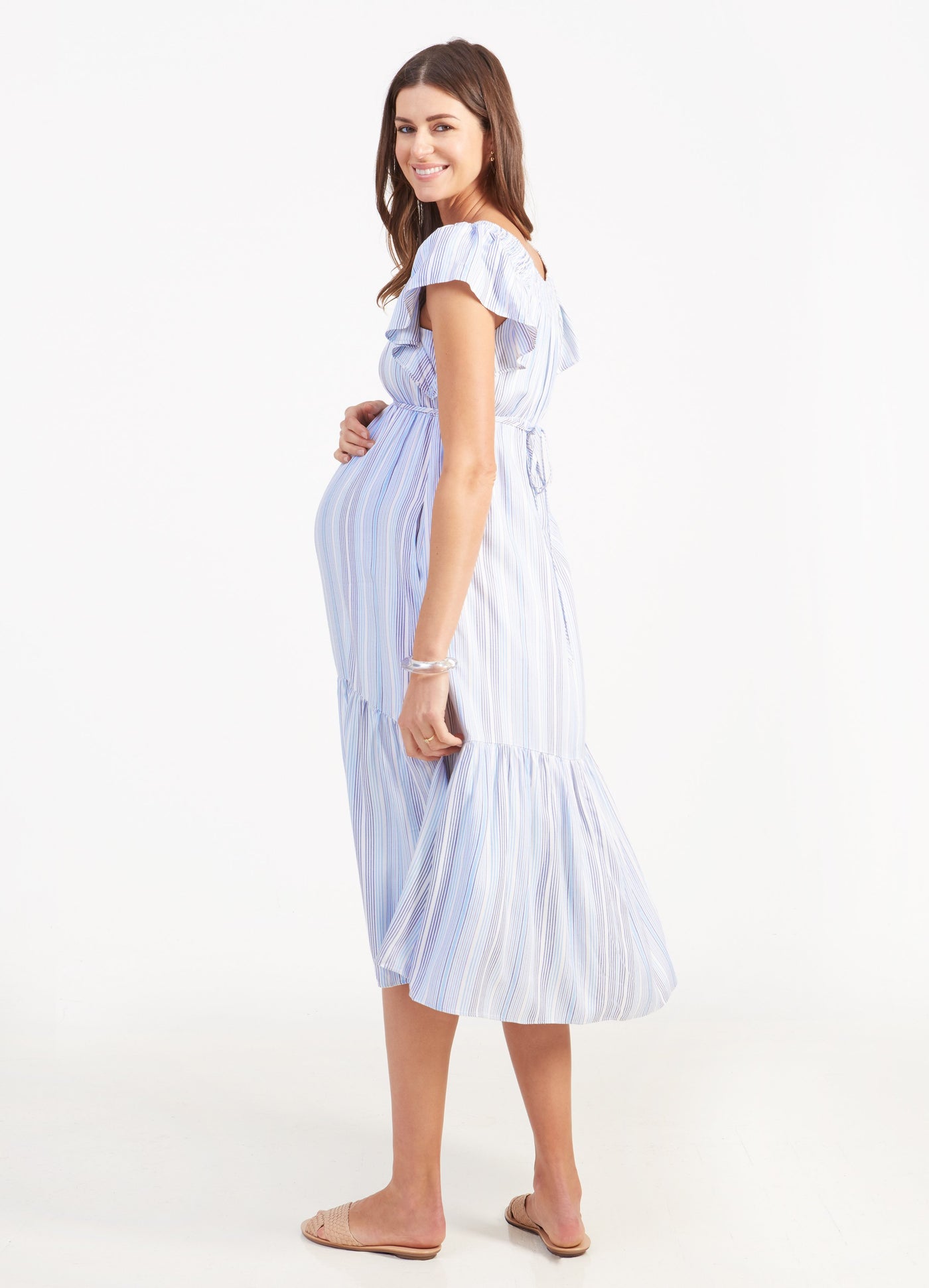 Striped Flutter Sleeve Maternity Dress