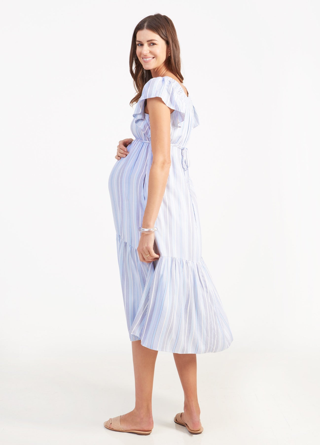 Pink & Blue Striped Flutter Sleeve Maternity Dress - Midi – Ingrid+Isabel