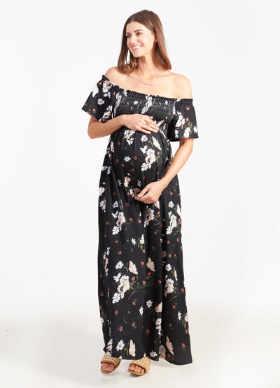 Model is 5' 10.5", 6 months pregnant, wears size S.||Black Artist Floral