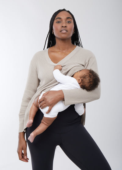 Desiree is 5’11", 2 months postpartum, and wearing size large||Beige