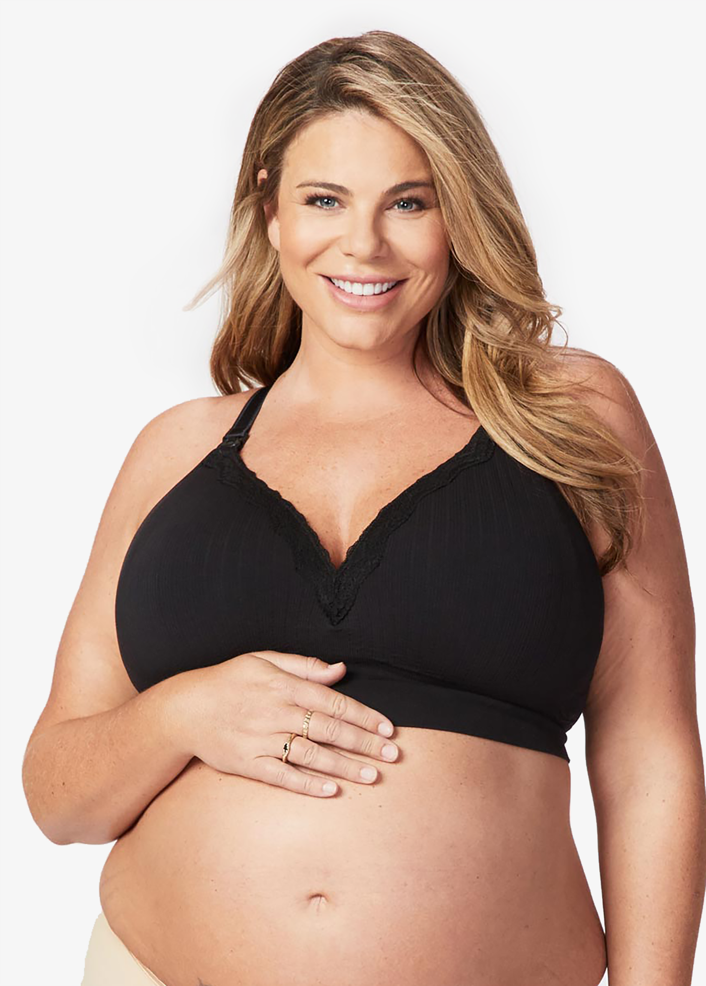 Model is 8 months pregnant and wears a full cup size XL||Black