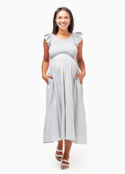 Model is 5'10", 7 months pregnant and wears a size small.||Blue Microstripe