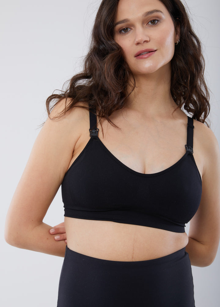 Women's Hands Free Pumping & Nursing Bra - Seamless Maternity Sports Bra For Breastfeeding & Everyday Wear Black Large