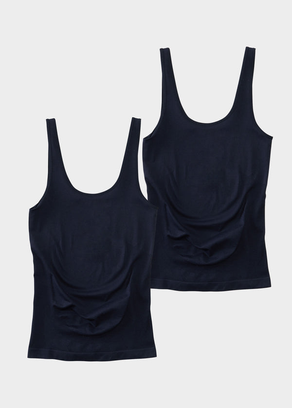 ||Two black seamless maternity tank tops displayed against a white background.