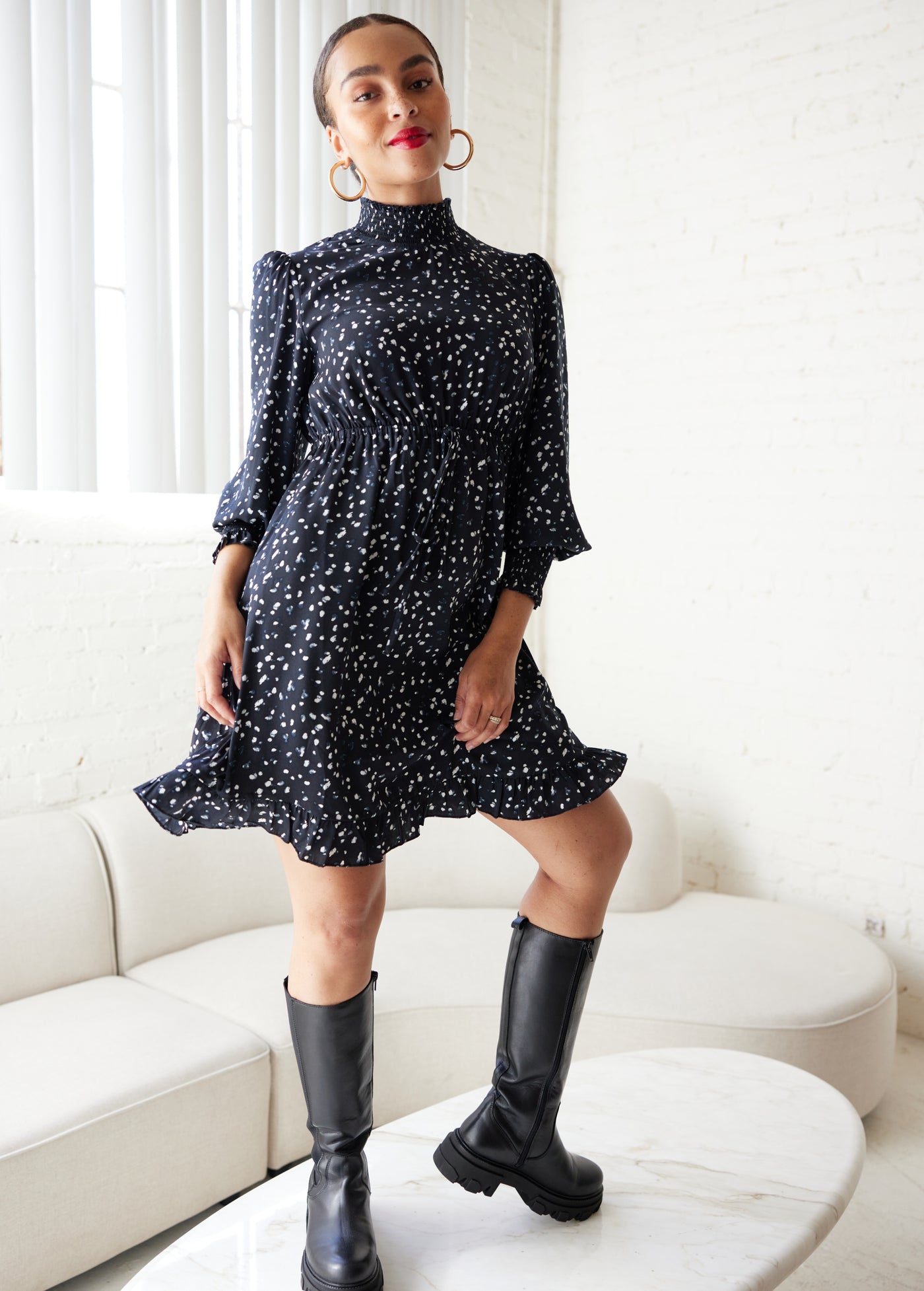 Ingrid & Isabel Printed Mock Neck Maternity Dress Black and White Dot